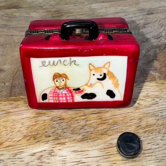 Porcelain Hinged Trinket Lunch Box Cowboy & Horse With Cookie Miniature Red Cute - Picture 1 of 9